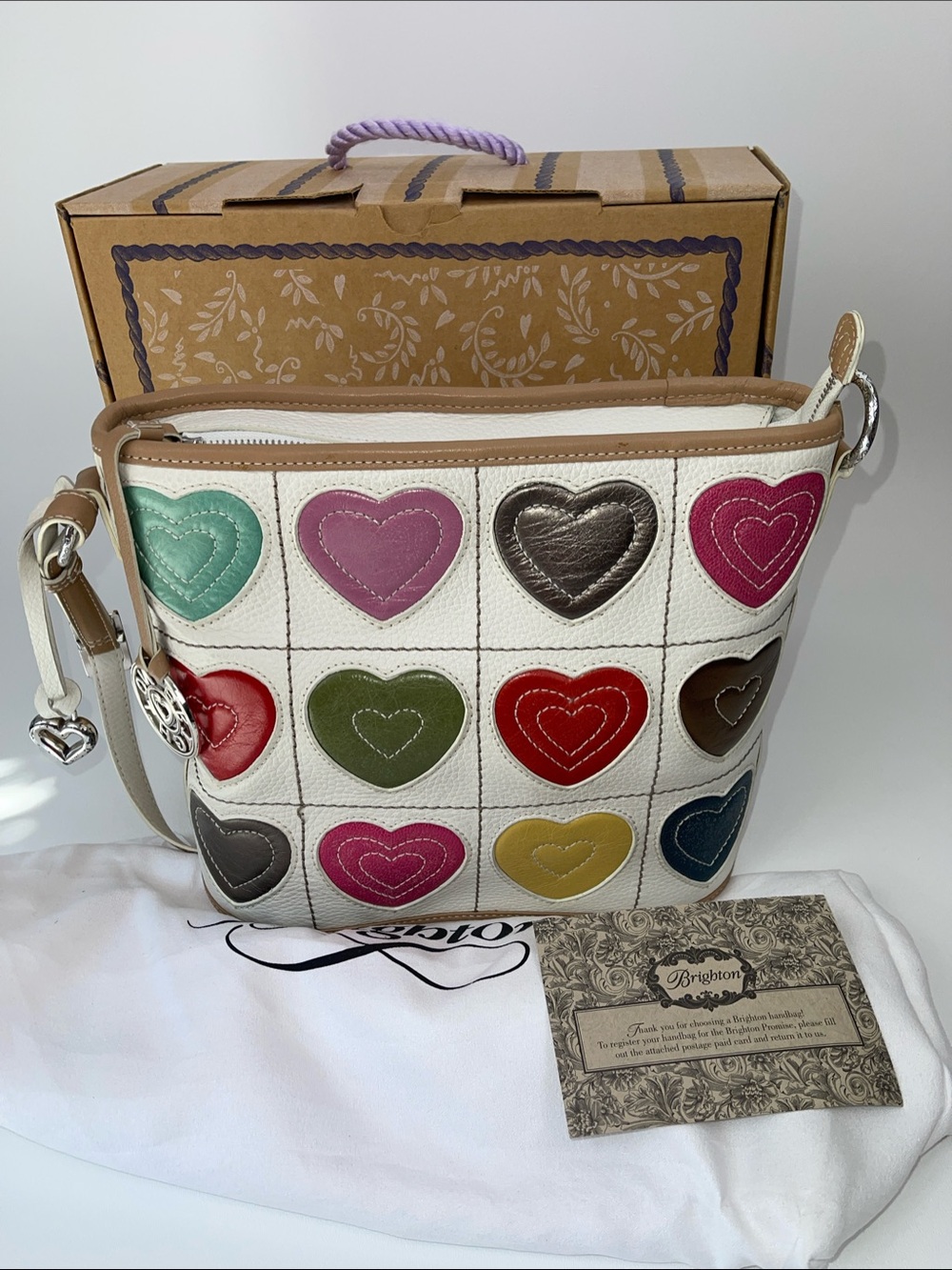 Brighton White Leather Crossbody with Multicolor Heart Patches